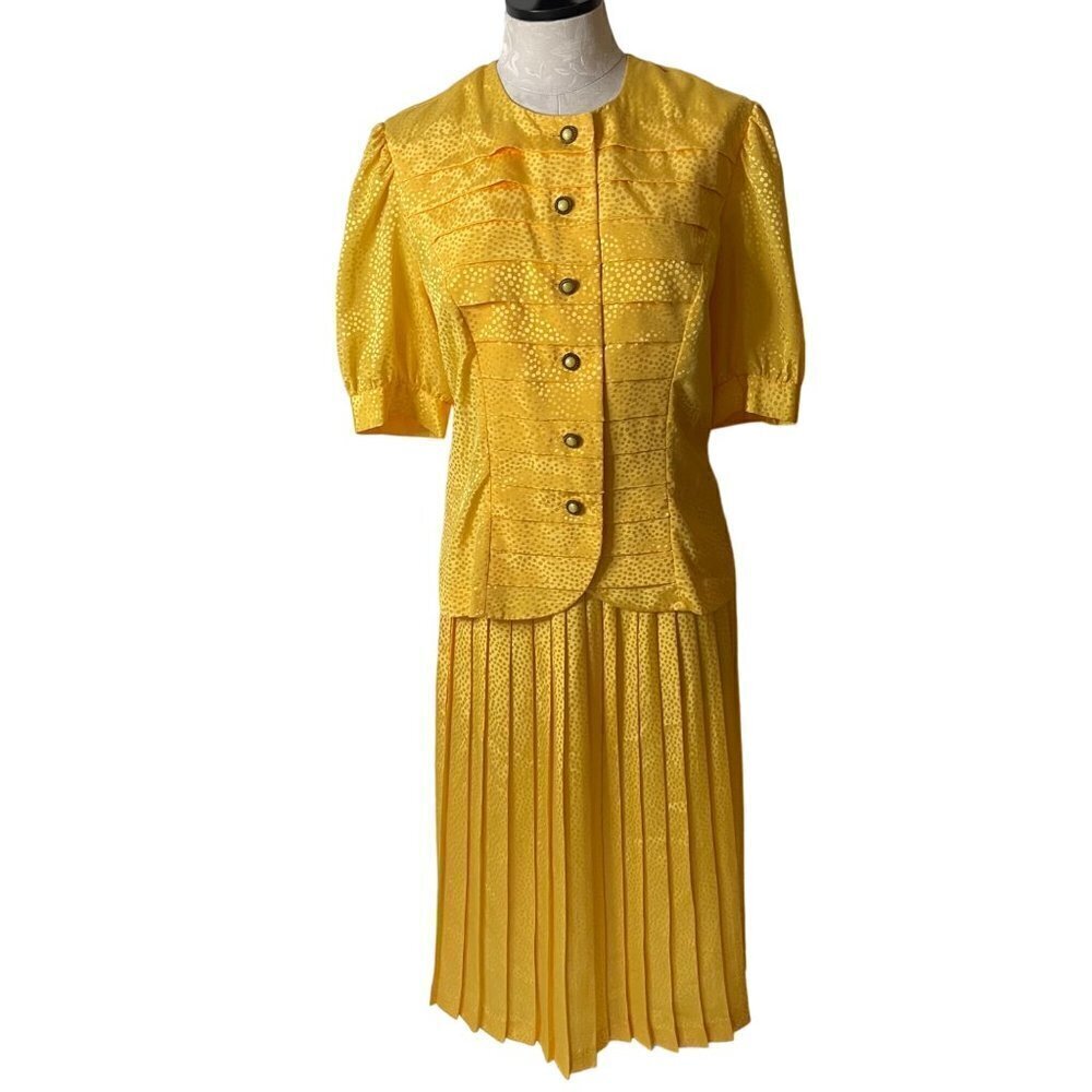 Andrea Gayle Vintage Womens Skirt Set Size 10 Pleated Yellow Polka Dot